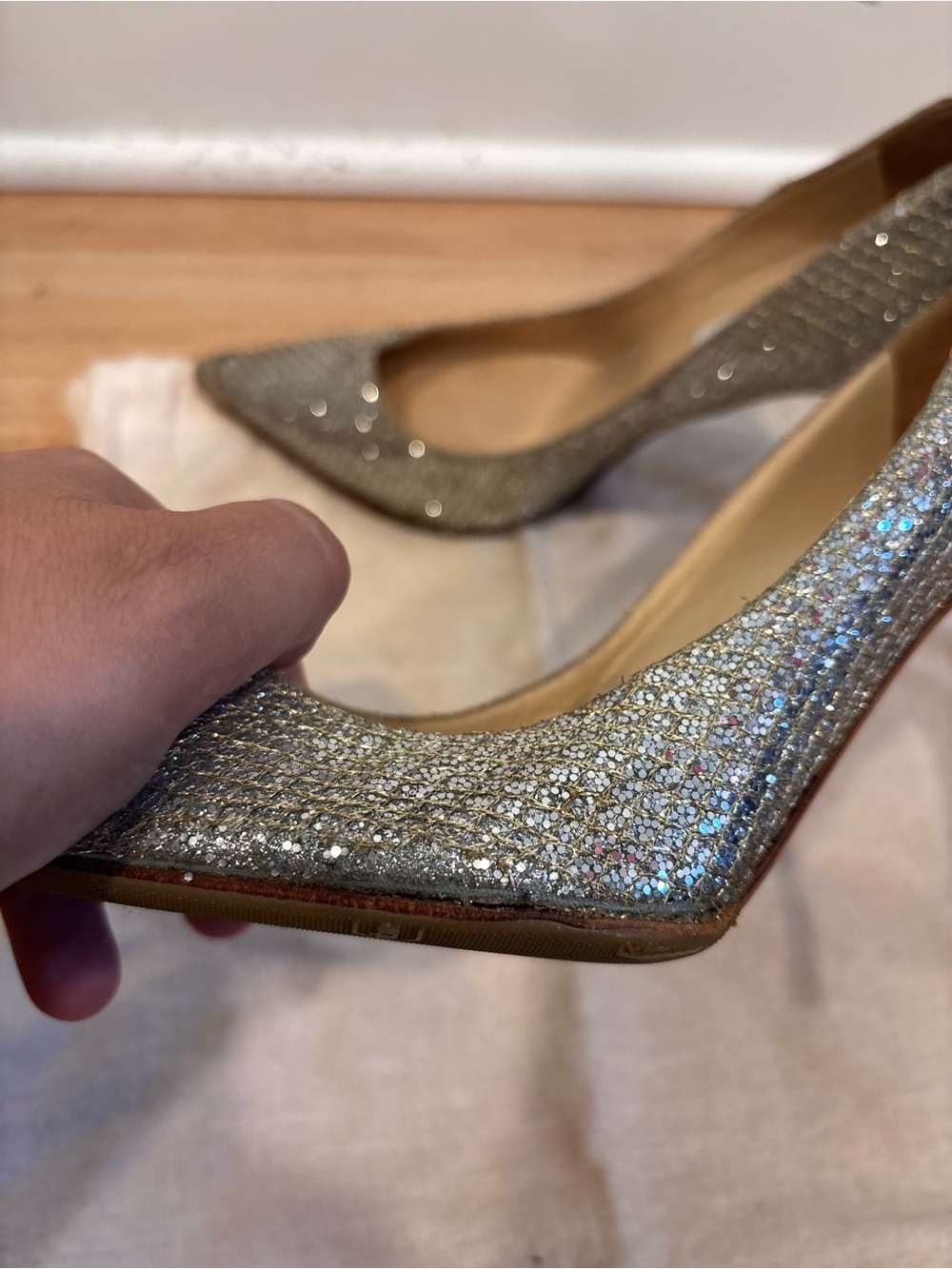 Jimmy Choo 100mm Abel Glitter Pointed Toe Pumps Heels Gold/Silver Champagne sz38 - Picture 6 of 13